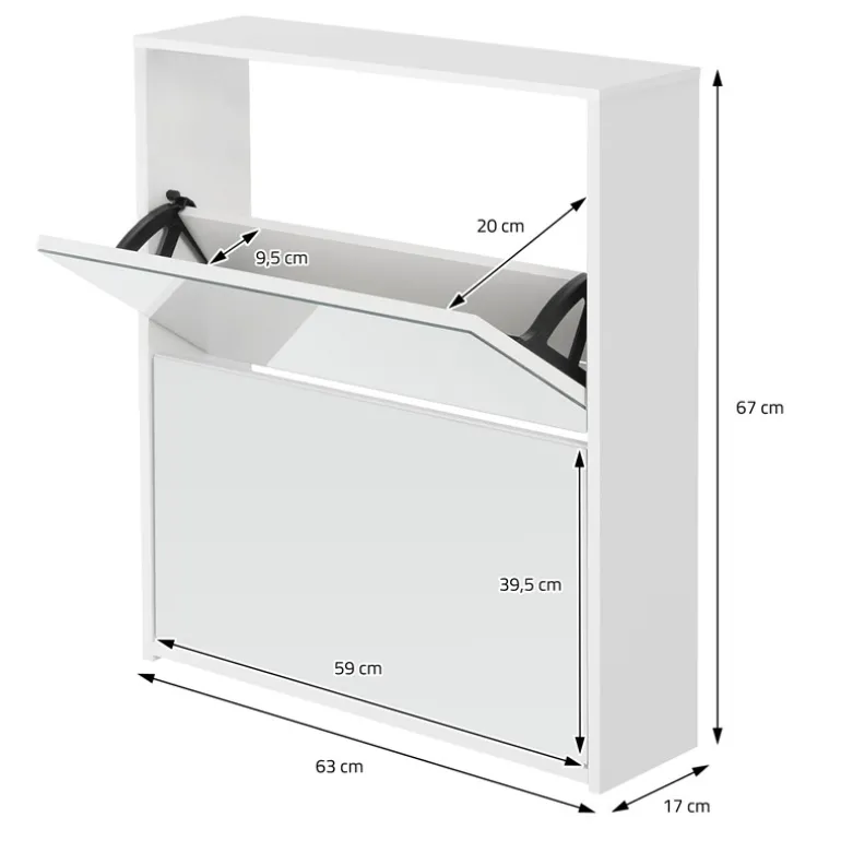 Schuhschrank mit zwei Fächern und Spiegel 63x17x67 cm Weiß ML-Design