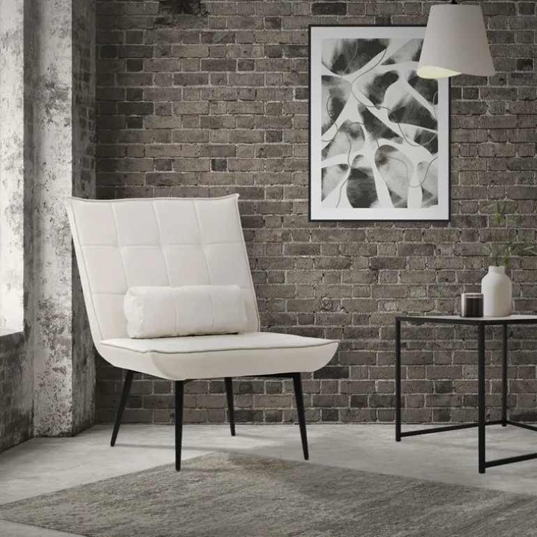 Sessel Mid Century aus Kunstleder Modern Creme Polstersessel mit Lendenkissen Relaxsessel ML-Design
