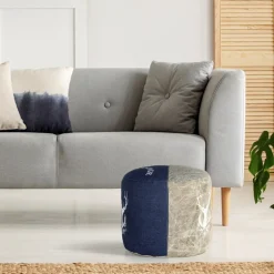 Sitzhocker rund Ø 35x43 cm Blau aus Segeltuch/Jeans mit Baumwolle Füllung  WOMO-Design