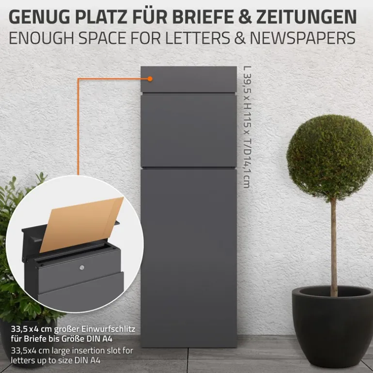 Standbriefkasten freistehend bis DIN A4 115 cm hoch Anthrazit aus rostfreiem Stahl ML-Design