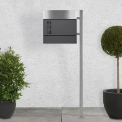 Standbriefkasten mit Zeitungsfach 37 cm Anthrazit inkl. Ständer 120 cm hoch Silber Briefkasten freistehend