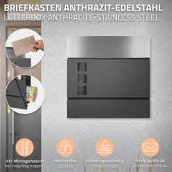 Standbriefkasten mit Zeitungsfach 37 cm Anthrazit inkl. Ständer 120 cm hoch Silber Briefkasten freistehend