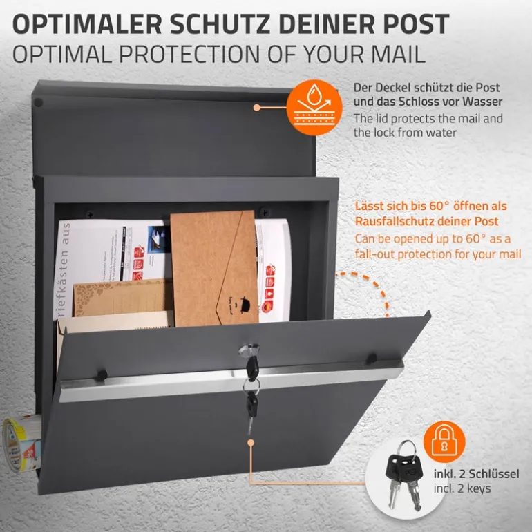 Standbriefkasten mit Zeitungsfach 37 cm Anthrazit inkl. Ständer 120 cm hoch Silber Briefkasten freistehend