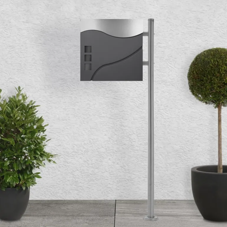 Standbriefkasten mit Zeitungsfach 37 cm Anthrazit/Silber inkl. Ständer 120 cm hoch Silber Briefkasten freistehend