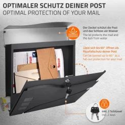 Standbriefkasten mit Zeitungsfach 37 cm Anthrazit/Silber inkl. Ständer 120 cm hoch Silber Briefkasten freistehend