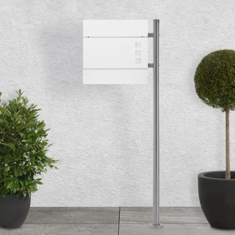 Standbriefkasten mit Zeitungsfach 37 cm Weiß inkl. Ständer 120 cm hoch Silber Briefkasten freistehend