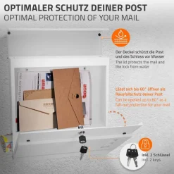 Standbriefkasten mit Zeitungsfach 37 cm Weiß inkl. Ständer 120 cm hoch Silber Briefkasten freistehend