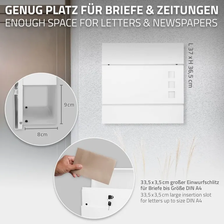 Standbriefkasten mit Zeitungsfach 37 cm Weiß inkl. Ständer 120 cm hoch Silber Briefkasten freistehend