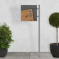 Standbriefkasten mit Zeitungsfach 37x36,5x11 cm Anthrazit/Holzoptik aus Stahl ML-Design, Modernes Asymetrisches Design, Standhöhe 120 cm Silber