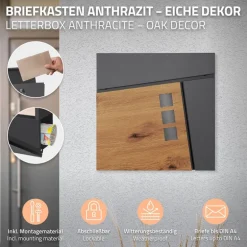 Standbriefkasten mit Zeitungsfach 37x36,5x11 cm Anthrazit/Holzoptik aus Stahl ML-Design, Modernes Asymetrisches Design, Standhöhe 120 cm Silber