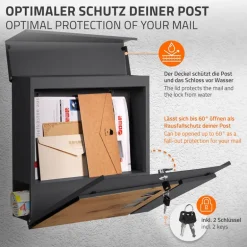 Standbriefkasten mit Zeitungsfach 37x36,5x11 cm Anthrazit/Holzoptik aus Stahl ML-Design, Modernes Asymetrisches Design, Standhöhe 120 cm Silber