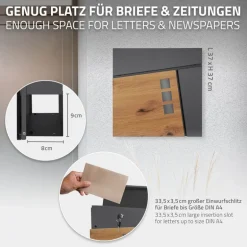 Standbriefkasten mit Zeitungsfach 37x36,5x11 cm Anthrazit/Holzoptik aus Stahl ML-Design, Modernes Asymetrisches Design, Standhöhe 120 cm Silber
