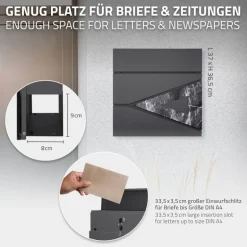 Standbriefkasten mit Zeitungsfach 37x36,5x11 cm Anthrazit/Schwarz-Marmoroptik aus Stahl ML-Design, Modernes Dreieckiges Design, Standhöhe 120 cm Silber
