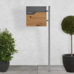 Standbriefkasten mit Zeitungsfach 37x37x11 cm Anthrazit/Holzoptik aus Edelstahl ML-Design
