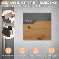 Standbriefkasten mit Zeitungsfach 37x37x11 cm Anthrazit/Holzoptik aus Edelstahl ML-Design