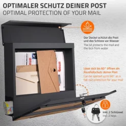 Standbriefkasten mit Zeitungsfach 37x37x11 cm Anthrazit/Holzoptik aus Stahl ML-Design, Modernes Horizontales Design Standhöhe 120cm Silber