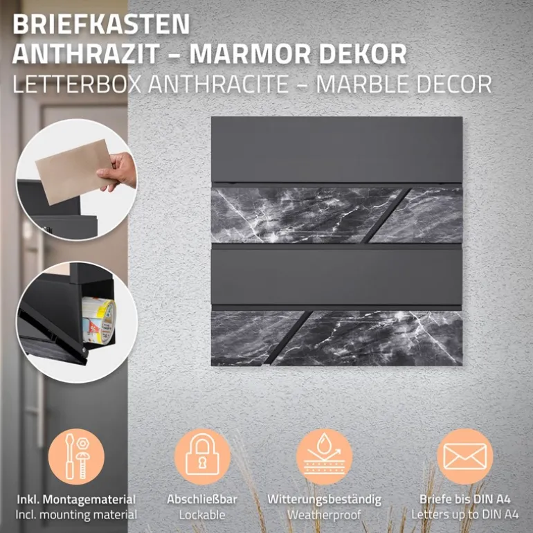Standbriefkasten mit Zeitungsfach 37x37x11 cm Anthrazit/Marmoroptik aus Stahl ML-Design