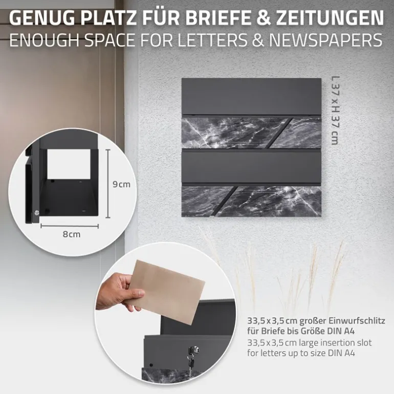 Standbriefkasten mit Zeitungsfach 37x37x11 cm Anthrazit/Marmoroptik aus Stahl ML-Design