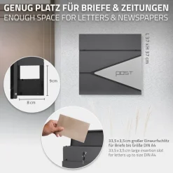 Standbriefkasten mit Zeitungsfach 37x37x11 cm Anthrazit/Silber aus Edelstahl ML-Design