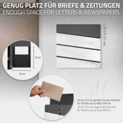 Standbriefkasten mit Zeitungsfach 37x37x11 cm Anthrazit/Weiß-Marmoroptik aus Stahl ML-Design, Modernes Diagonales Design, Standhöhe 120 cm Silber