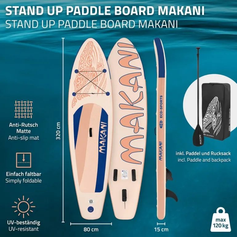 Stand Up Paddle aufblasbares SUP Board Makani 320x80x15 cm in Apricot aus PVC inkl. Pumpe und Tragetasche