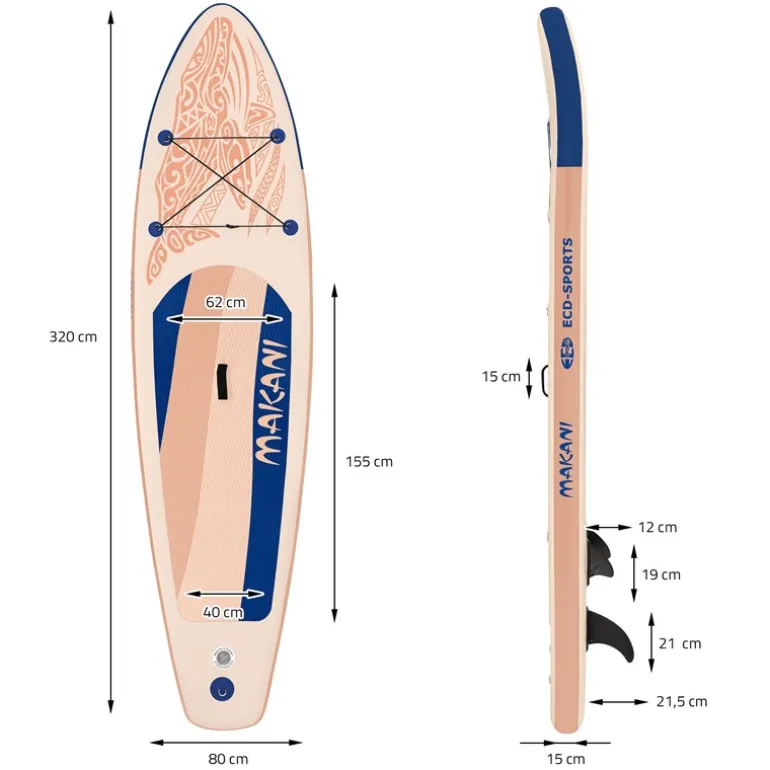 Stand Up Paddle aufblasbares SUP Board Makani 320x80x15 cm in Apricot aus PVC inkl. Pumpe und Tragetasche