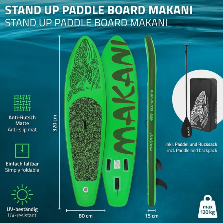 Stand Up Paddle aufblasbares SUP Board Makani 320x80x15 cm in Grün aus PVC inkl. Pumpe und Tragetasche