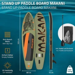 Stand Up Paddle aufblasbares SUP Board Makani 320x80x15 cm in Olive aus PVC inkl. Pumpe und Tragetasche