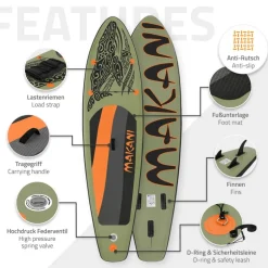 Stand Up Paddle aufblasbares SUP Board Makani 320x80x15 cm in Olive aus PVC inkl. Pumpe und Tragetasche