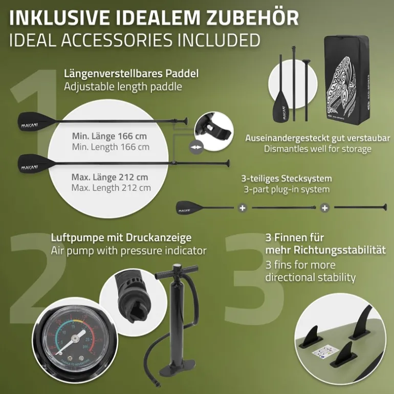 Stand Up Paddle aufblasbares SUP Board Makani 320x80x15 cm in Olive aus PVC inkl. Pumpe und Tragetasche