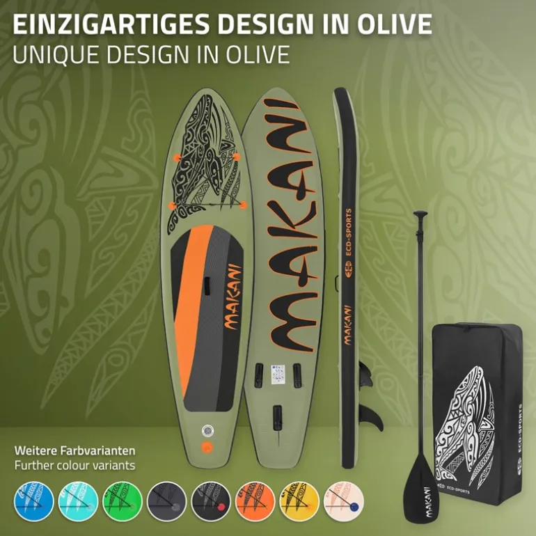 Stand Up Paddle aufblasbares SUP Board Makani 320x80x15 cm in Olive aus PVC inkl. Pumpe und Tragetasche