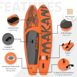 Stand Up Paddle aufblasbares SUP Board Makani 320x80x15 cm in Orange aus PVC inkl. Pumpe und Tragetasche