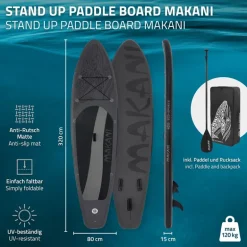 Stand Up Paddle aufblasbares SUP Board Makani 320x80x15 cm in Schwarz us PVC inkl. Pumpe und Tragetasche