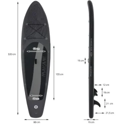 Stand Up Paddle aufblasbares SUP Board Makani 320x80x15 cm in Schwarz us PVC inkl. Pumpe und Tragetasche