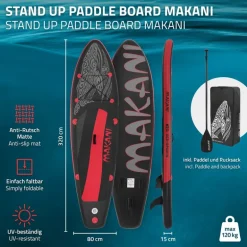 Stand Up Paddle aufblasbares SUP Board Makani 320x80x15 cm in Schwarz/Rot aus PVC inkl. Pumpe und Tragetasche