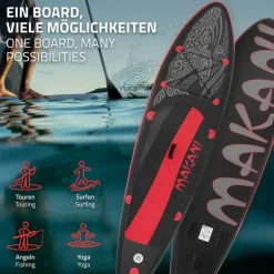 Stand Up Paddle aufblasbares SUP Board Makani 320x80x15 cm in Schwarz/Rot aus PVC inkl. Pumpe und Tragetasche