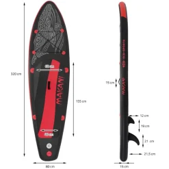 Stand Up Paddle aufblasbares SUP Board Makani 320x80x15 cm in Schwarz/Rot aus PVC inkl. Pumpe und Tragetasche