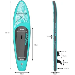 Stand Up Paddle aufblasbares SUP Board Makani 320x80x15 cm in Türkis aus PVC inkl. Pumpe und Tragetasche