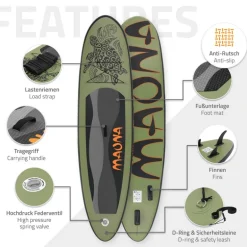 Stand Up Paddle aufblasbares SUP Board Maona 308x76x10 cm in Olive aus PVC inkl. Pumpe und Tragetasche