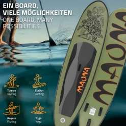 Stand Up Paddle aufblasbares SUP Board Maona 308x76x10 cm in Olive aus PVC inkl. Pumpe und Tragetasche