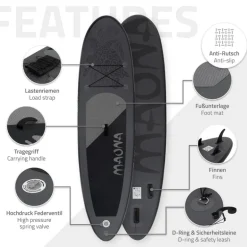 Stand Up Paddle aufblasbares SUP Board Maona 308x76x10 cm in Schwarz aus PVC inkl. Pumpe und Tragetasche