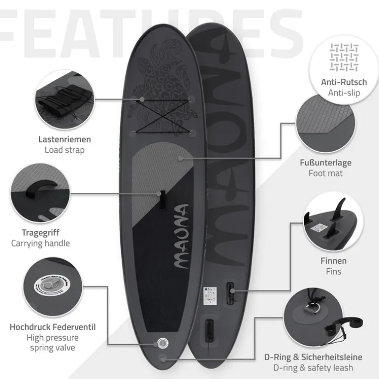 Stand Up Paddle aufblasbares SUP Board Maona 308x76x10 cm in Schwarz aus PVC inkl. Pumpe und Tragetasche