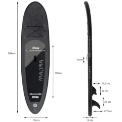 Stand Up Paddle aufblasbares SUP Board Maona 308x76x10 cm in Schwarz aus PVC inkl. Pumpe und Tragetasche