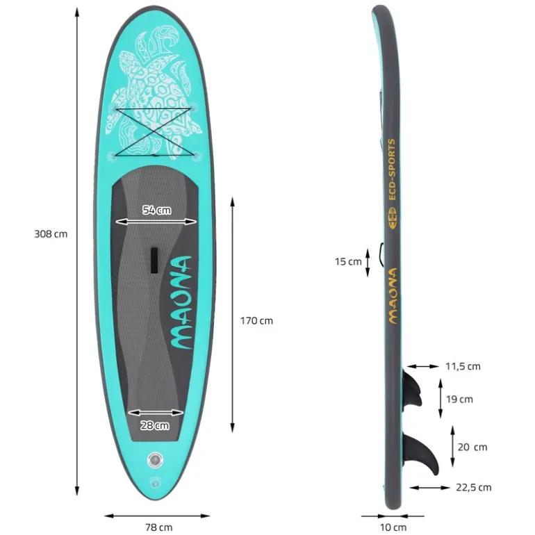 Stand Up Paddle aufblasbares SUP Board Maona 308x76x10 cm in Türkis aus PVC inkl. Pumpe und Tragetasche