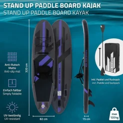 Stand Up Paddle aufblasbares SUP Board mit Kajak Sitz 320x82x15 cm in Schwarz aus PVC inkl. Pumpe und Tragetasche