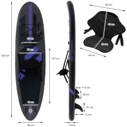 Stand Up Paddle aufblasbares SUP Board mit Kajak Sitz 320x82x15 cm in Schwarz aus PVC inkl. Pumpe und Tragetasche