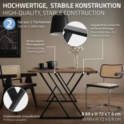 2 Stück Tischbeine B69xH72 cm Tischkufen X-Form Stahl pulverbeschichtet Schwarz ML-Design