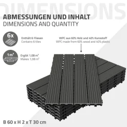 Terrassenfliesen 60x30 cm 6er Set für 1m² Anthrazit aus WPC