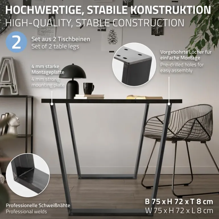 Tischbeine Tischgestell 2er Set V-Design 75 x 72 cm Industrial aus Stahl ML-Design