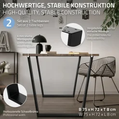 Tischbeine Tischgestell 2er Set V-Design 75 x 72 cm schwarz matt aus Stahl ML-Design